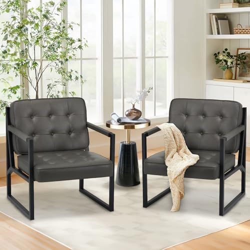 COLAMY Accent Chairs Set of 2, Modern Accent Arm Chairs for Living Room, Comfy Leather Armchairs with Metal Legs for Bedroom Reception Room, Grey COLAMY