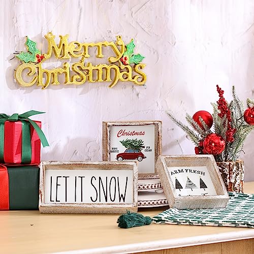 FESTWIND Farmhouse Christmas Decor, Merry and Bright Block Sign for Shelf, Mantel, Farmhouse Christmas Decorations for Home, Embossed Metal With Wood Frame FESTWIND