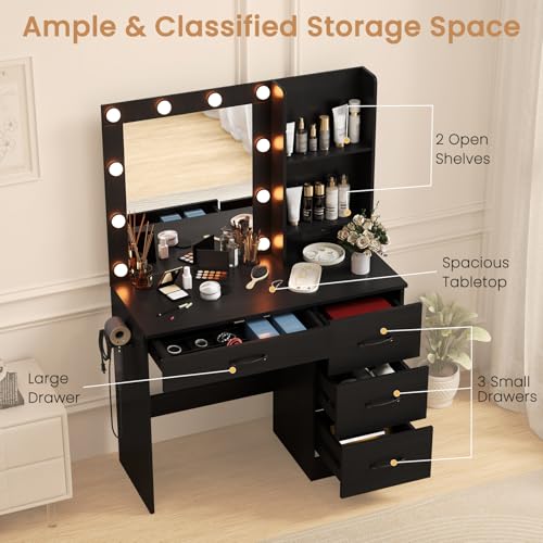 GOFLAME Makeup Vanity Desk with Lights, Modern Dressing Table with Charging Station, Hair Dryer Holder, 4 Large Drawers & 3-Tier Hutch, 3-Color Lights Adjustable, Black Vanity Table for Bedroom GOFLAME