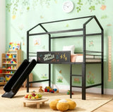 Bellemave Twin Metal Loft Bed with Fence and Two-Sided writable Chalkboard, Twin Size Metal House Bed with Slide and Ladder,for Bedroom Dorm,for Kids, Boys, Girls, Teens (Black) Bellemave