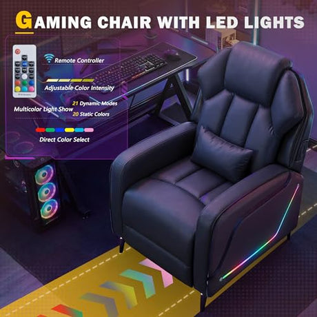 BIAOZHIKE Gaming Recliner Chair with LED Lights Racing Style Big and Tall PU Leather Gaming Chair for Adults Lumbar Support Modern Ergonomic Comfortable Home Theater Seating for Living Room (Black) BIAOZHIKE