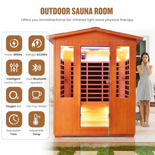 OUTEXER Outdoor 4 Person Sauna Far Infrared Saunas Dry Sauna Room Red Cedar and Canadian Hemlock Wood Wooden Sauna Spa 2600W 240V with 7 Color Light 62.2 * 46.8 * 81.9 inches OUTEXER