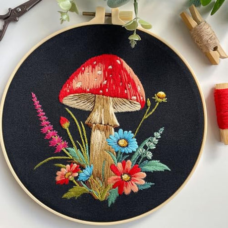 Myfelicity Embroidery Kit with Mushroom Patterns, 3 Hoops, Fabric, Threads, Needles, Instructions (Colorful) Myfelicity
