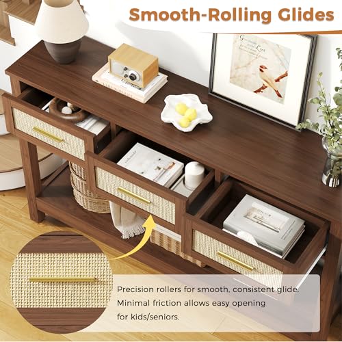 JASIWAY Brown Entryway Table with Storage, 47" Rattan Console Table with Drawers, Narrow Long Foyer Sofa Tables for Living Room, Entryway, Hallway, Front Door, Mesa de Entrada de Puerta, Boho JASIWAY