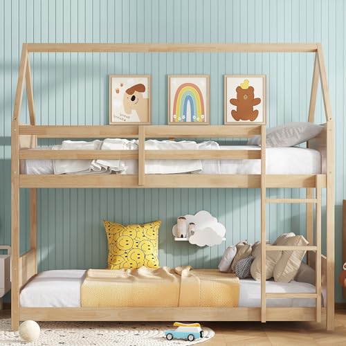 Ball & Cast Twin Over Twin House Bunk Bed for Kids,Rubber Wood Bunk Bed with Headboards, Footboards and Guardrails, Ladder,Twin Size House Shaped Bunk-Bed, No Box Spring Needed,White Oak Ball & Cast