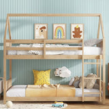 Ball & Cast Twin Over Twin House Bunk Bed for Kids,Rubber Wood Bunk Bed with Headboards, Footboards and Guardrails, Ladder,Twin Size House Shaped Bunk-Bed, No Box Spring Needed,White Oak Ball & Cast