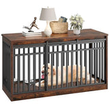 DWVO 55" Extra Large Dog Crate Furniture, Heavy Duty Metal Dog Kennel TV Stand with Sliding Door, Wooden Dog Cage Table with Dog Bowl for Extra Large Medium Dogs or 2 Small Dogs, Rustic Brown DWVO
