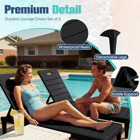Devoko Outdoor Chaise Lounge Chair Set of 2 with 5-Position Adjustable Back, Waterproof & Lightweight PP Lounge Chairs for Outside Pool Patio (Black) Devoko