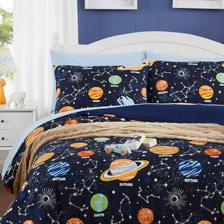Full Kids Comforter Set - 7 Pieces Full Bedding Sets for Boys Teen, Glow in The Dark Space Bed in A Bag with Sheets Kaleido Space