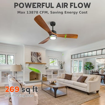 Vallerico 52'' Ceiling Fan with Lights, 3 Wood Blades Ceiling Fan with Noiseless Reversible DC Motor, Multi Speed Low Profile Ceiling Fan with Remote Control for Bedroom, Living Room, Summer  - WoodArtSupply