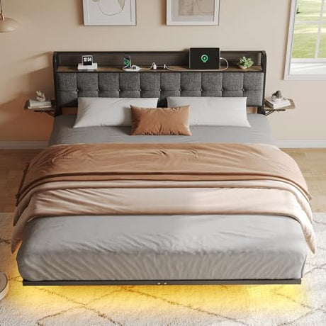 Salamir Queen Floating Bed Frame with LED & Charging Station, Ergonomic Upholstered Headboard with Folding Shelves Storage, Metal Slats Support, No Box Spring Needed, Easy Assembly, Noise-Free, Grey Salamir