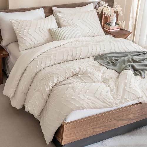 Andency King Size Comforter Set Beige, Boho Cream Soft Warm Tufted Neutral Bedding Comforter Sets for King Size Bed, 3 Pieces Aesthetic Chevron Farmhouse Cute Bohemian Textured Bedding Set Andency
