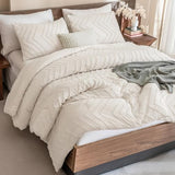 Andency King Size Comforter Set Beige, Boho Cream Soft Warm Tufted Neutral Bedding Comforter Sets for King Size Bed, 3 Pieces Aesthetic Chevron Farmhouse Cute Bohemian Textured Bedding Set Andency