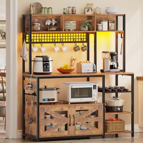 Itaar 47.2 Inch Rustic Brown Bakers Rack with Power Outlet & LED Light - Microwave Stand & Multi-Functional Coffee Bar Cabinet Itaar