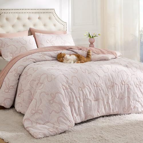 Bedsure Pink Comforter Set Queen, GentleSoft™ 3 Pieces Breathable Bow Comforter Set Women Girls with 2 Pillow Shams, Cute Queen Bedding Sets Pink Room Decor Aesthetic Bedroom Decor, 90x90 Inches Bedsure