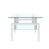 Glass Coffee Table for Living Room, Modern Coffee Table with Transparent Tempered Glass Top and White Metal Legs, Rectangle Tea Table for Home Meihua