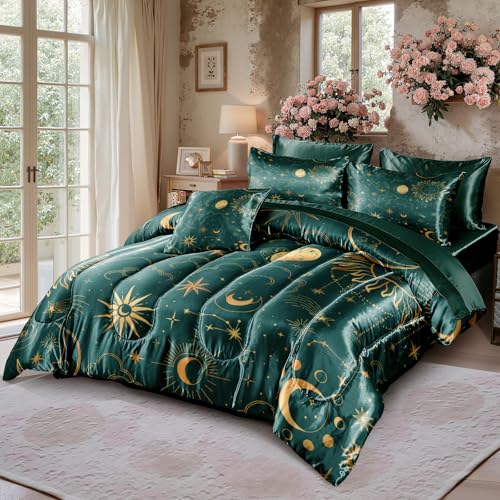 Sun and Moon Comforter Set Blue Green Satin Bedding King Stars Cloud Galaxy Comforter Mysterious Celestial Theme Silk Like Silky Bed in A Bag with Comforter and Sheets Bedorm