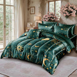 Sun and Moon Comforter Set Blue Green Satin Bedding King Stars Cloud Galaxy Comforter Mysterious Celestial Theme Silk Like Silky Bed in A Bag with Comforter and Sheets Bedorm