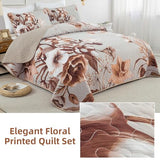Khaki Quilt Set King Size Bedding Set 3 Pieces Boho Floral Quilt Bedspread Soft Microfiber Lightweight Flower Coverlet Set with 2 Pillow Shams for All Season 90"x104" Drucon
