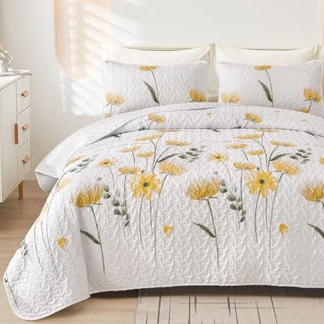 Dinjoy Quilt Set Queen Cute Floral Bedspread Coverlet Yellow Flower Quilts Microfiber Lightweight Summer Bedding Sets Reversible Soft Quilted Bed Cover for All Season(96"x90") Dinjoy