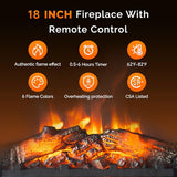 Bonnlo 18" Electric Fireplace Insert, 1400W Wall-Mounted, Recessed or Freestanding Heater, 6 Flame Colors, 5 Brightness Levels, 6-Hour Timer, Quiet, Safe, for Rooms up to 400 sq.ft Bonnlo