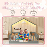 Mirightone Full Floor Bed with High Rails, Wooden Montessori Bed Frame with Single Color Light and House Shape Design, Low Profile Beds for Kids, Boys and Girls, Grey Mirightone