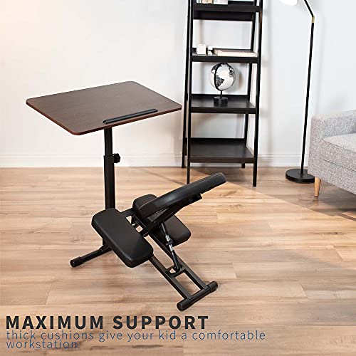 VIVO Kids' Kneeling Chair with 28 x 16 Inch Desk, Young Student Height Adjustable Posture Stool with Tilting Table for Home Study, Max 110 lbs, Black Cushions, Dark Wood Desktop, DESK-KN02D VIVO