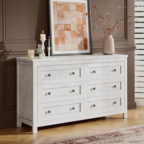 LUXOAK Farmhouse 6 Drawers Dresser, Wood Rustic Chest of Drawers for Bedroom, Closet Storage Dressers Organizer, 6 Drawers Chest for Living Room, Hallway, Rustic White LUXOAK
