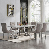 Goujxcy 7 Piece Marble Dining Table Set for 6, Luxury 70" White Marble Silver Kitchen Table with 6 Grey Velvet Upholstered Chairs, Modern 6 Person Dining Room Table Set for Kicken Dining Office Room Goujxcy