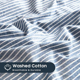 Wake In Cloud - Striped Cotton Duvet Cover Set, 100% Washed Cotton Textured Percale Bedding Set, Ticking Stripe Pinstripe Farmhouse, 3 Pieces, Denim Blue, Full Size Wake In Cloud