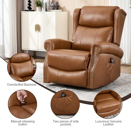 Genuine Leather Recliner Chair for Adults, Manual Swivel Rocker Glider Rocking Chair with Vibration Massage Lumbar Heat for Nursery, Rivet Design Single Sofa Chair for Living Room - Brown