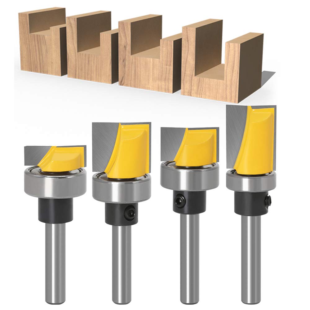 Yakamoz 4Pcs 1/4 Inch Shank Hinge Mortising Flush Trim Template Router Bit Set with Ball Bearing Carbide Tipped Router Bits Wood Milling Cutter Tool YAKAMOZ