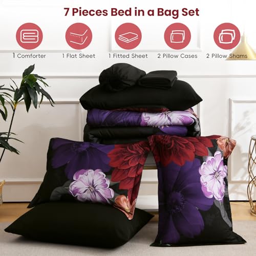 WONGS BEDDING Black Comforter Set King Size, 7 Pieces Floral Bed in a Bag Set, Luxury Red Flower Bedding Set, Soft Microfiber for All Season with Pillowcases & Shams,Sheets(90"×104") WONGS BEDDING