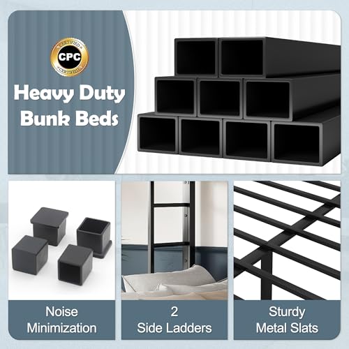 Bellemave Metal Twin Over Full Bunk Bed for Adults/Kids,Heavy Duty Adults Bunk Beds with Guardrail & Ladders,Twin Over Full Size Bunk Beds for Teens,White Bellemave