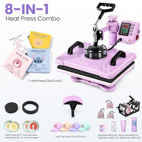 AKEYDIY 8 in 1 Heat Press Machine Professional Sublimation Machine 12" X 15"Swing Away Shirt Printing Heat Transfer Digital Industrial-Quality Heat Press Machine for T Shirts Mug Hat Plate Pink Purple AKEYDIY