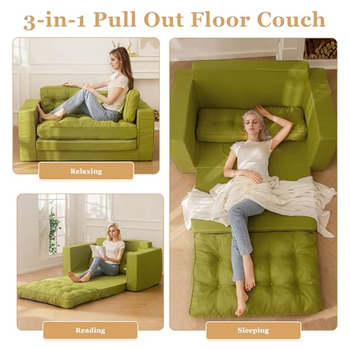 YOSHOOT Loveseat Sleeper Sofa,55" Convertible Sofa Bed Couch Futon Couches for Living Room,3-in-1 Pull Out Floor Couch with Backrest and Pillows, Green YOSHOOT