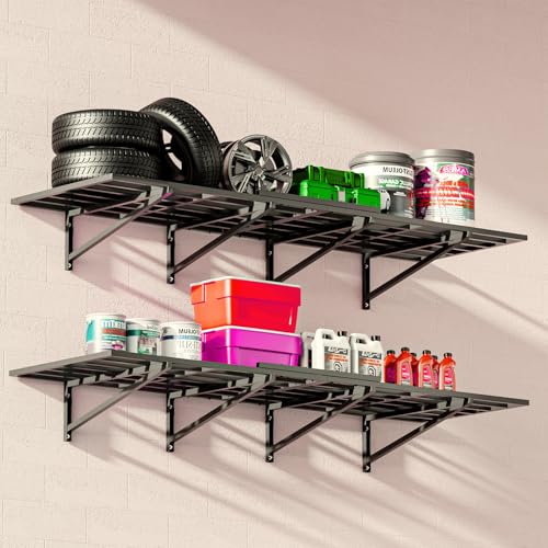 DEYEGELEA 2-Pack Garage Wall Shelves 2x6Ft Garage Storage Shelving Wall Mounted Loads 2000lbs Heavy Duty Sturdy Wall Shelves Strong Garage Organiser Black Metal Floating Storage Racks