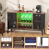 Homieasy Wine Bar Cabinet with Led Lights and Power Outlets, Industrial Coffee Bar Cabinet for Liquor and Glasses, Farmhouse Bar Cabinet with Removable Wine Racks, Rustic Brown Homieasy