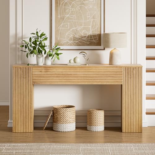 FABATO 61'' Fluted Long Console Table, Wooden Rectangular Sofa Table Behind The Couch, Narrow Entryway Table with 2 Hidden Storage Cabinets for Entrance, Hallway, Living Room, Foyer, Wood FABATO
