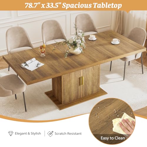 Zevemomo 62.99"-78.74" Expandable Dining Table with Storage, Extendable Dining Table for 6-10 People, Extra Hidden Storage for Tableware & Wine, Modern Farmhouse Table for Kitchen Living Room-Brown Zevemomo