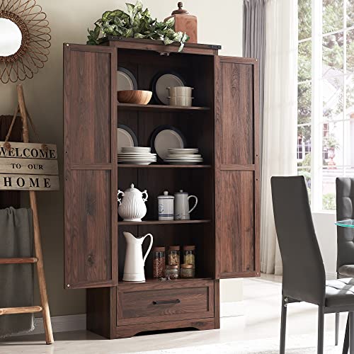 JXQTLINGMU 72" Tall Farmhouse Kitchen Pantry with Adjustable Shelves, Large Wood Storage Cabinet with Drawer & 2 Barn Doors, Versatile Storage for