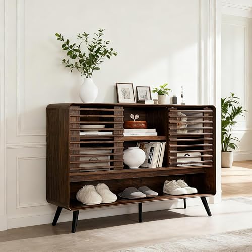 T4TREAM 46" Entryway Table, Mid Century Modern Console Table with Slatted Sliding Door, Adjustable Storage Shelf, Wood Sofa Table Behind Couch for Hallway, Living Room, Foyer, Dark Walnut T4TREAM