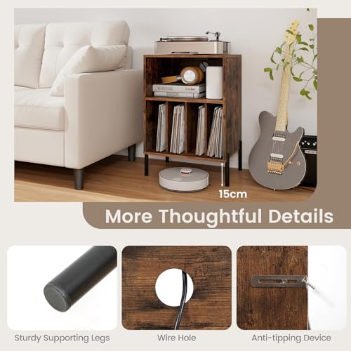 Giantex Record Player Stand with Charging Station, Turntable Stand with Storage Cabinet, Record Player Shelf with Metal Legs, Vinyl Record Storage up to 150 Albums for Living Room (Rustic Brown) Giantex