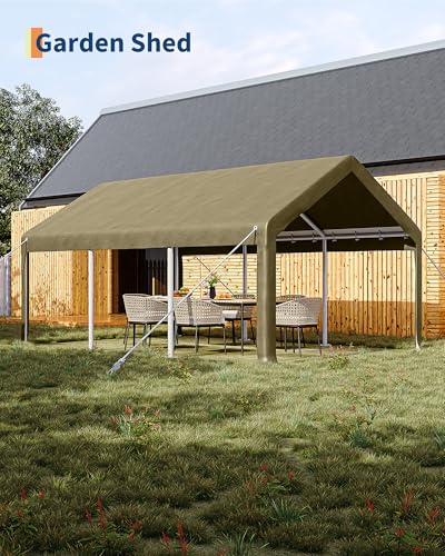GarveeLife 10x20 Ft Carport, Car Port with 200g PE Tarp, Roll-Up Doors, and 4 Windows, for Sedans, Bass Boats, Motos, ATVs, and SUVs, Khaki GarveeLife