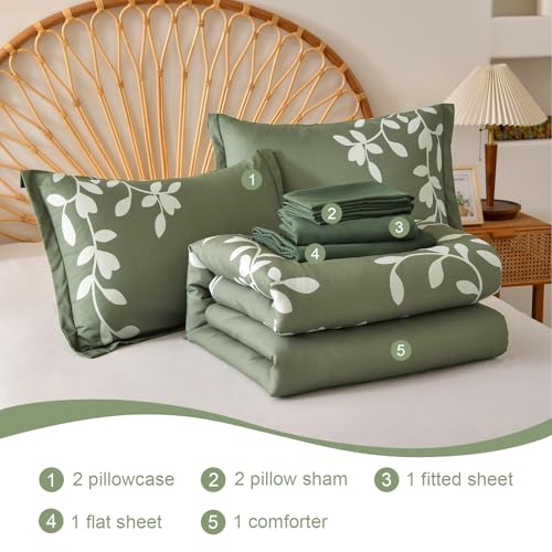 METAHOTS Queen Size Comforter Set - 7 Piece Floral Botanical on Green Comforter Sets with Sheets and Pillows, Soft Lightweight Microfiber Bedding Set for All Season(90"X90") METAHOTS
