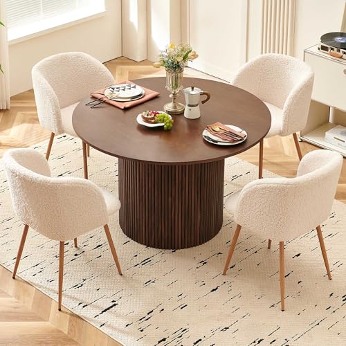 Homedot 5 Piece 47-inch Round Dining Table Set for 4, Rustic Walnut Dinner Table with Upholstered Sherpa Dining Room Chairs Set, Engineered Wood Kitchen Table with Wood Strips Base Homedot
