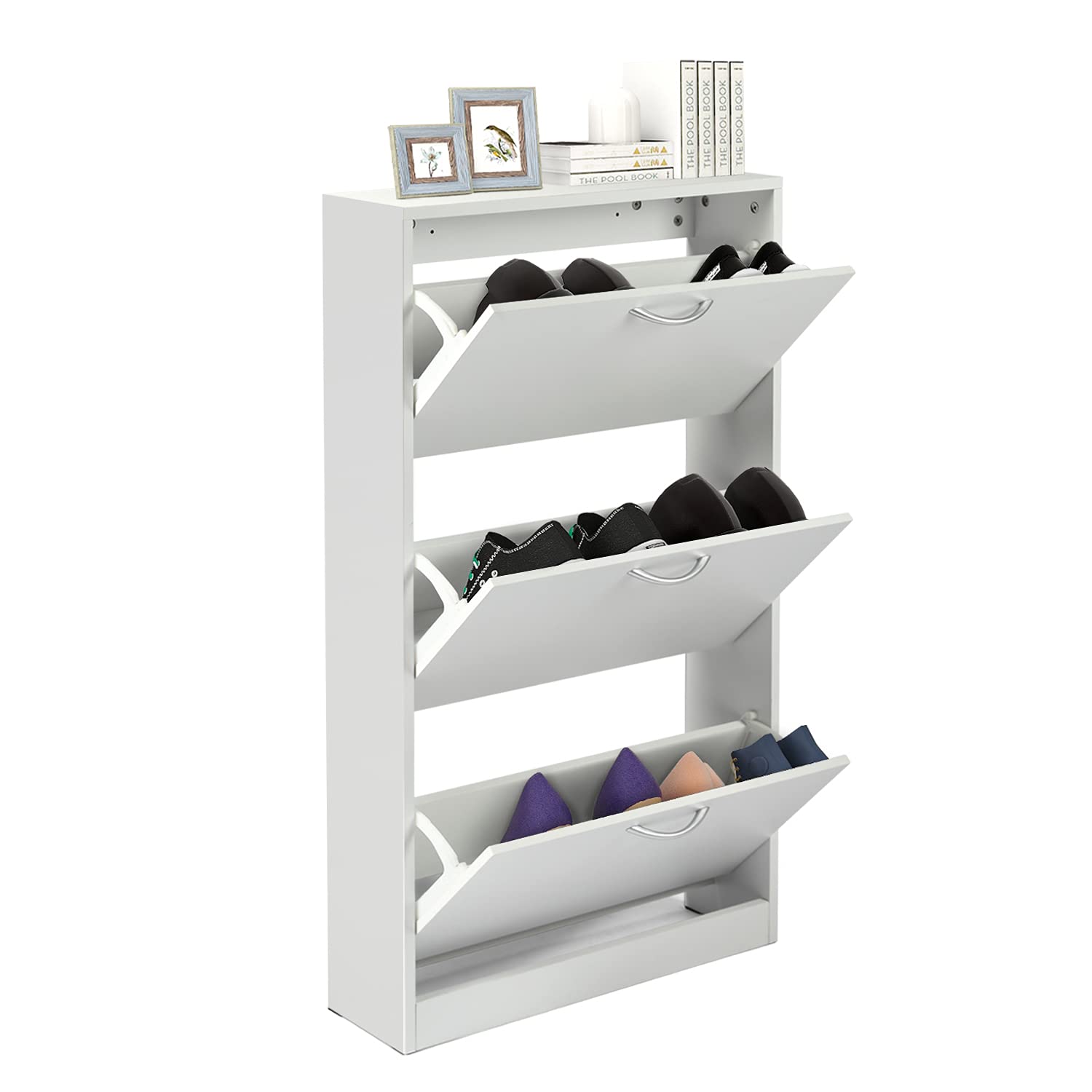 HOPUBUY Shoe Cabinet for Entryway, White Narrow Shoe Storage Cabinet Flip Down Shoe Rack Wood 3 Tier Shoe Organizer for Home and Apartment - WoodArtSupply