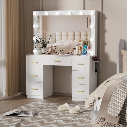 FURNJOYLIFE White Makeup Vanity Desk with Lighted Mirror & Power Outlet,3 Color Modes, Brightness Adjustable,Vanity Table with Drawer,Sliding 2 Storage Wall-Mounted Jewelry,4 Shelves for Bedroom FURNJOYLIFE