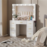 FURNJOYLIFE White Makeup Vanity Desk with Lighted Mirror & Power Outlet,3 Color Modes, Brightness Adjustable,Vanity Table with Drawer,Sliding 2 Storage Wall-Mounted Jewelry,4 Shelves for Bedroom FURNJOYLIFE