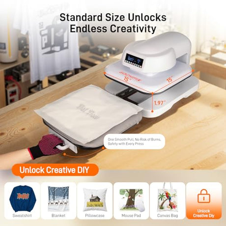 Heat Press Machine for T Shirts, 15"x15" Auto Shirt Press Machine w/ 4 Memory Modes, 15 Mins Auto-Off, Precise Temp/Timer Control, Fast Even Heat for Sublimation, HTV, Heat Transfer Projects GOCHIFIX